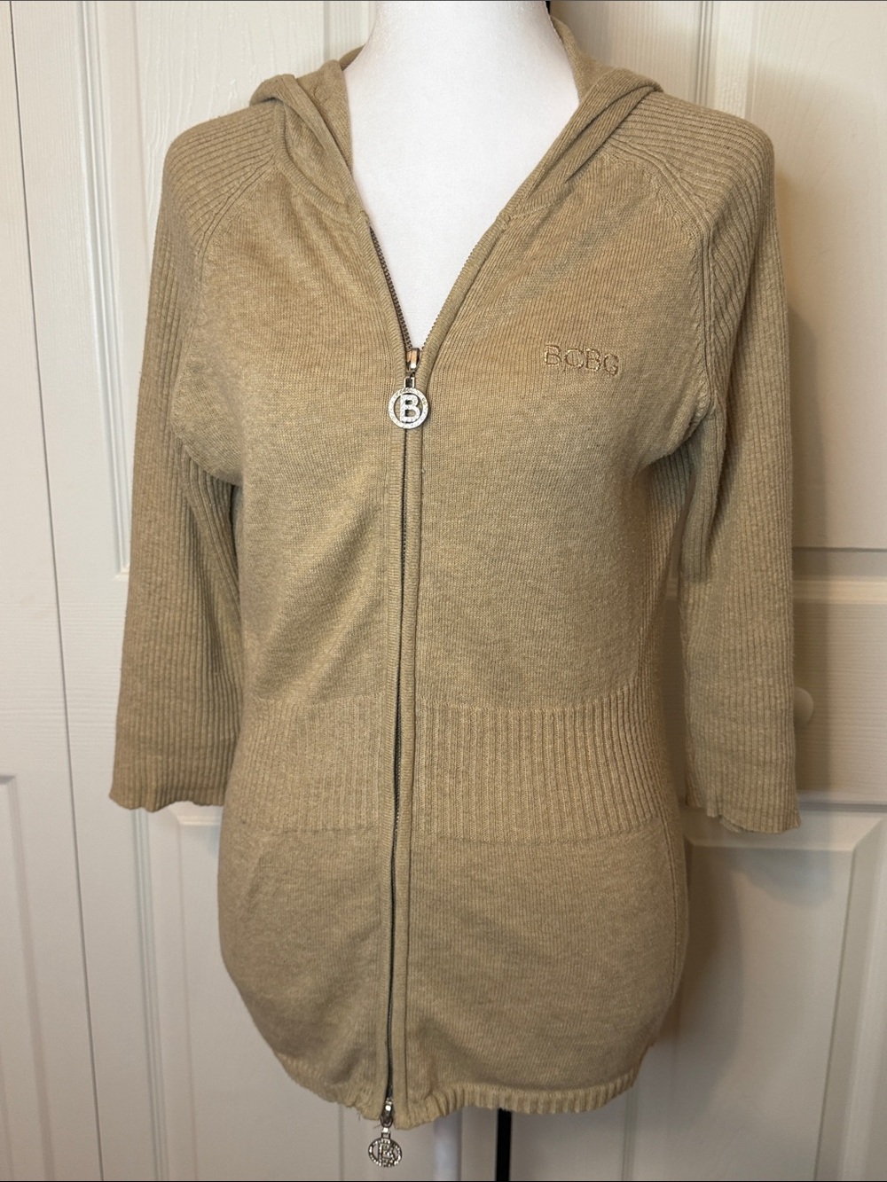 BCBG Tan Hooded Zip-Up Knit Cardigan